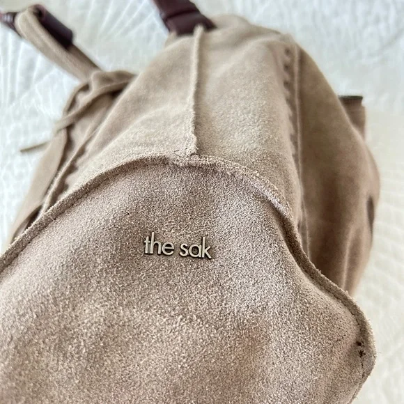 Taupe Suede Sak Shoulder Bag with Brown Leather Strap - Picture 9 of 12